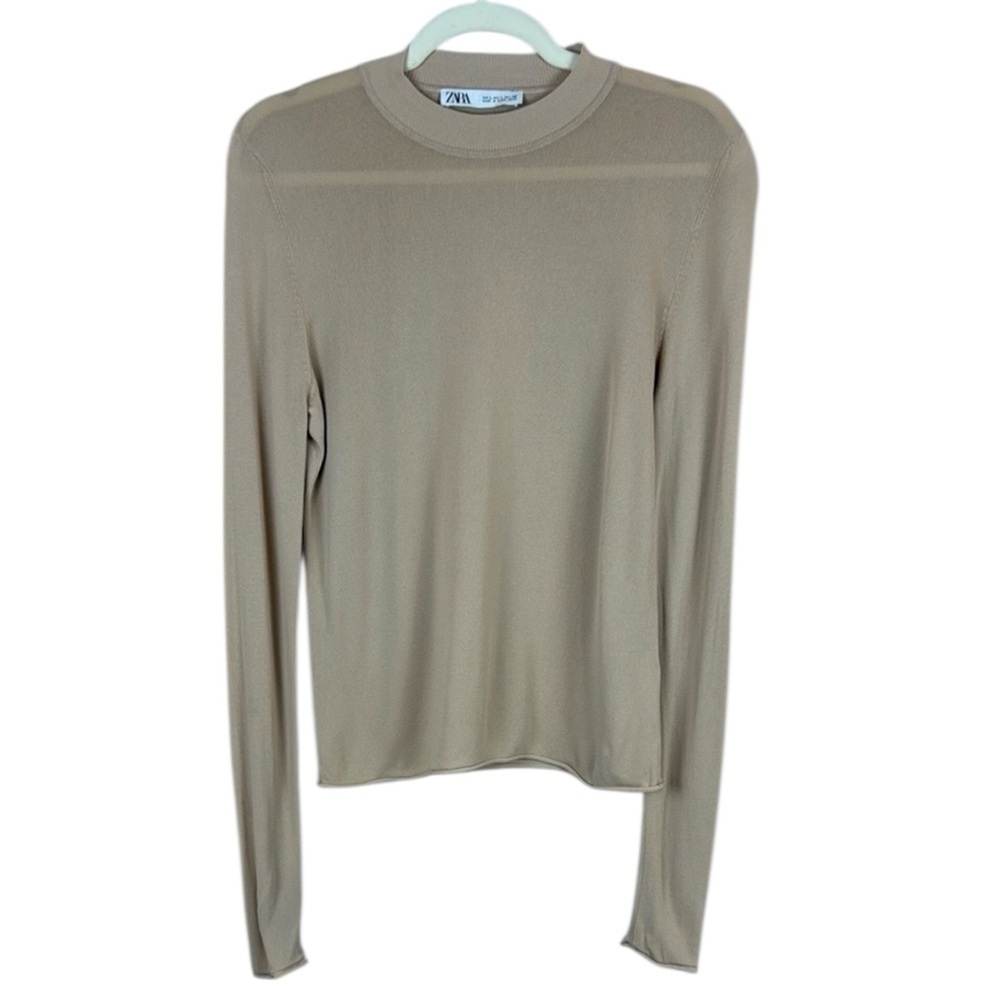 Zara Tan Crewneck Sweater Fitted Lightweight Knit Size Large